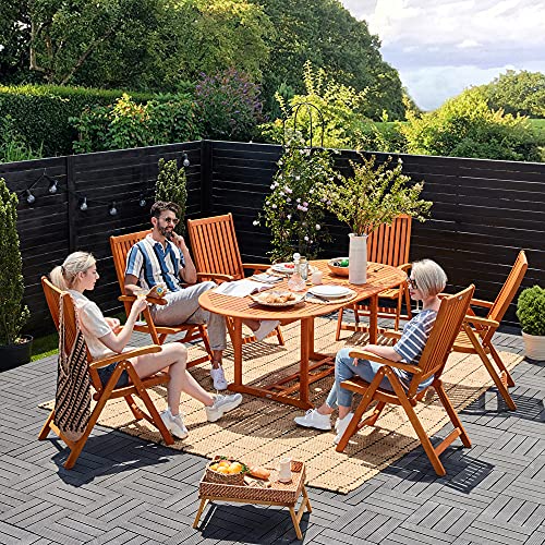 Bonita terraza con el conjunto de Mesa y 6 Sillas de Jardín en Madera de Eucalipto Mesa Extensible 2m Sillas Plegables Reclinables. CASARIA 
