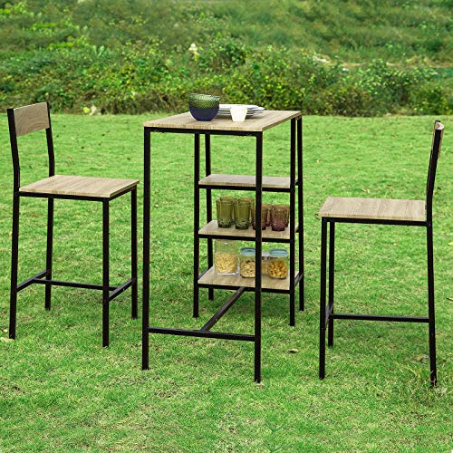 Vista de conjunto en jardín de Juego de 3 Piezas con 2 Taburetes y 1 Mesa Estilo Industrial con 3 estantes para cocina, ES. OGT16-N. SoBuy