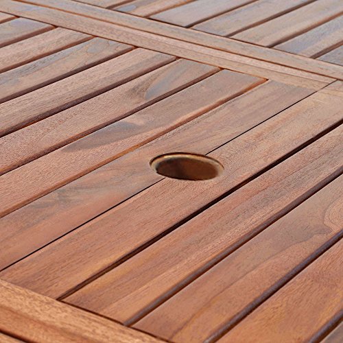 Orificio para colocar una sombrilla en la mesa del conjunto de Mesa y 6 Sillas de Jardín en Madera de Eucalipto Mesa Extensible 2m Sillas Plegables Reclinables. CASARIA 