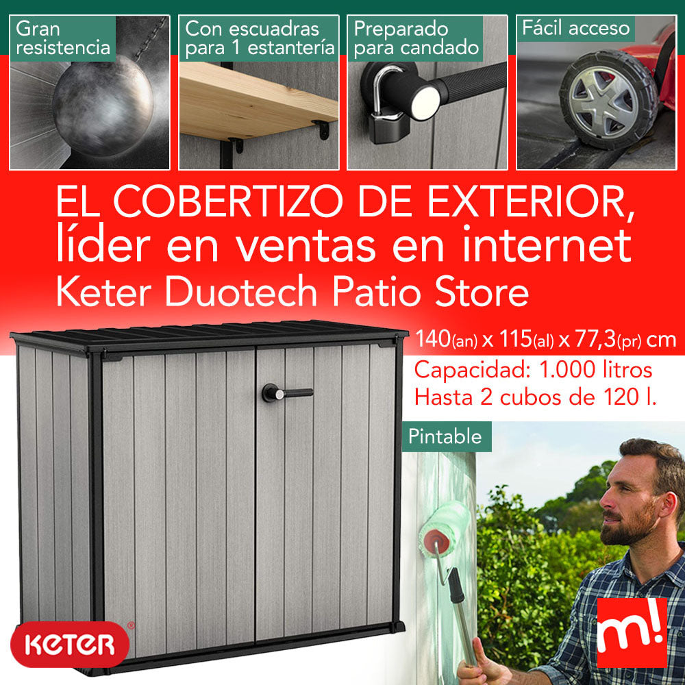 Cobertizo exterior líder en ventas en internet Keter Duotech Patio Store de 1000 litros de capacidad. Gran resistencia, con escuadras para estante, preparado para candado, con fácil acceso con rampa, pintable