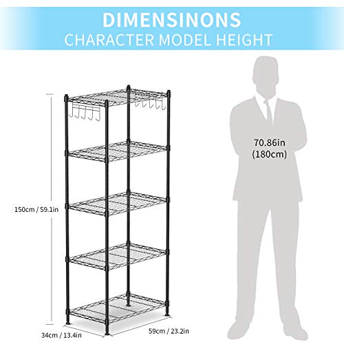 Diemsiones de Estantería Multiuso Ajustable, con 2 x 5-Ganchos Laterales, Capacidad de Carga 25 kg por Balda, 59 x 34 x 150 cm - Negro. Alvorog