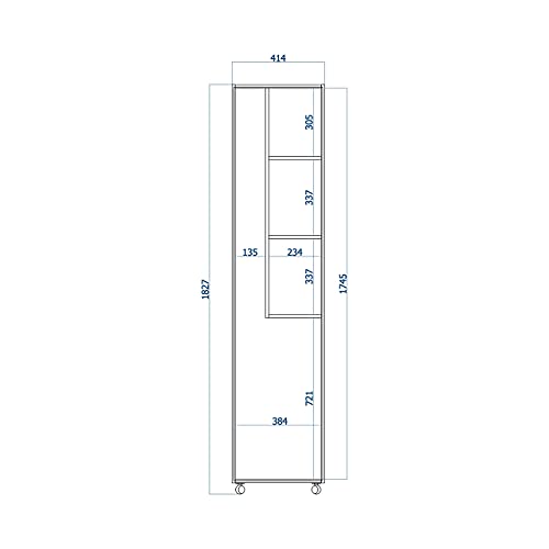Detalle de medidas del armario escobero de una puerta color blanco con 3 estantes Buyqualia