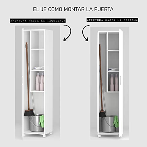 Detalle de fijación de puerta a derechas o izquierdas del armario escobero de una puerta color blanco con 3 estantes Buyqualia