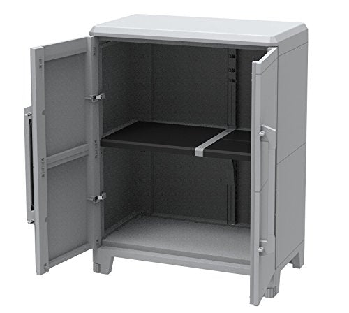 Armario Multifunción 2 Puertas, Material: Plástico, Dimensiones: 78x43.6x101.6 cm, Gris/negro. Armario bajo con puertas abiertas. Transforming Modular 2 cuerpos, Terry | maxjardin