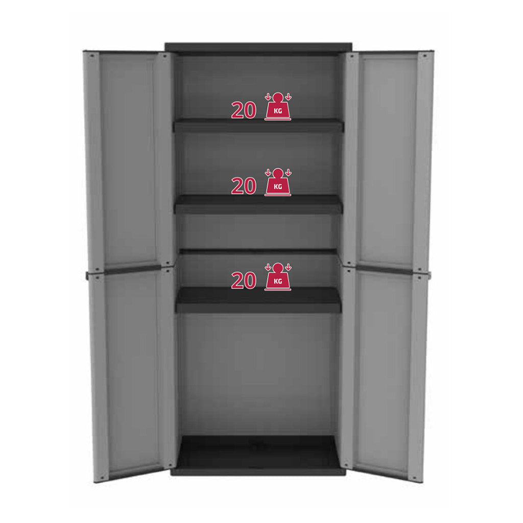 Armario Alto de 2 Puertas y 3 Estantes Internos, Gris/Negro, 68x37,5x163,5 cm. Armario con puertas abiertas, 20 kg por balda. Jline 268. Terry