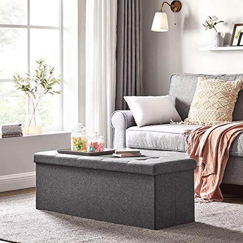 Banco con Almacenamiento grande. Cofre Puff Otomana, Plegable, Carga Estática Máx. 300 kg, 120 L, 110 x 38 x 38 cm, Imitación Lino, Gris Oscuro LSF77K. SONGMICS
