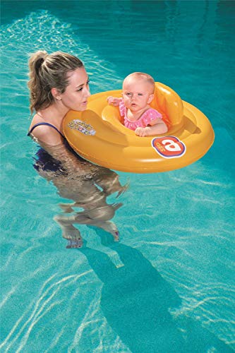 Vista de bebé en piscina con Flotador para Bebé Swim Safe Baby Seat. Bestway 