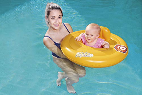 Vista de bebé en piscina con Flotador para Bebé Swim Safe Baby Seat. Bestway 