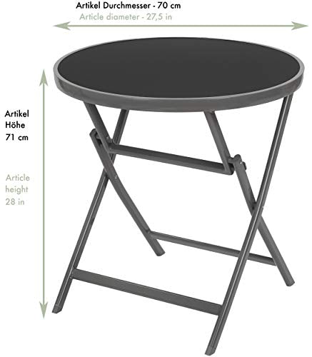 Conjunto de 4 sillas de Jardín Milano + 1 Mesa Redonda de Cristal 70 cm de Diámetro Todo plegable. Aluminio - Resistente a la Intemperie - Gris. Medidas de mesa. BRUBAKER