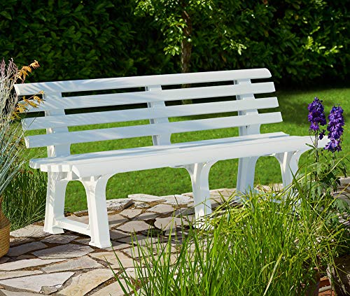 Banco de jardín Blanco Resiste la Intemperie. 3 Personas 145x49x74 cm de plástico Duradero con Respaldo. Casaria, Detalle ambiente jardín