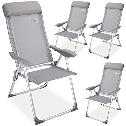 Set de 4X sillas de jardín. Aluminio Gris 60x109 cm Plegables Resistentes. Respaldo Ajustable 5 Niveles. Casaria