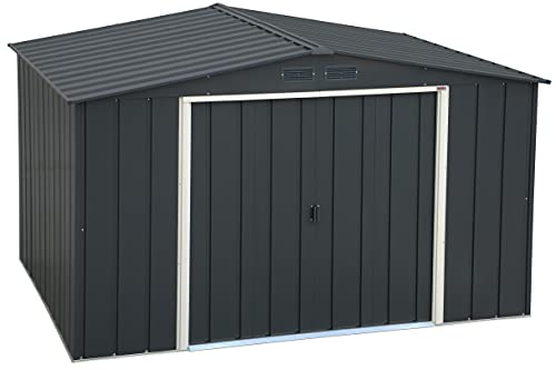 Caseta de Jardín ECO GANDIA 10X8 de Metal Resistente en Gris Antracita de Duramax sobre fondo blanco