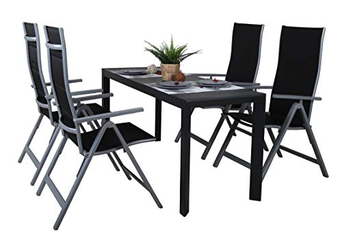 Vista del conjunto con 6 sillas y mesa del Juego x2 sillas plegables regulables 9 posiciones, respaldo alto (negro y plateado). Chicreat