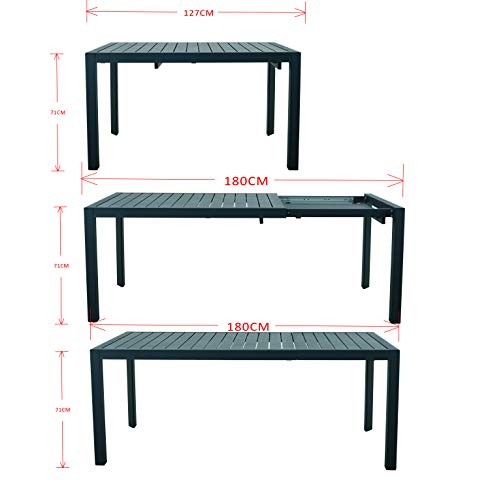Secuencia de extensión con medidas de Mesa extensible de aluminio para jardín, 127-180 x 77 x 71,5 cm (Gris- Carbón). Chicreat