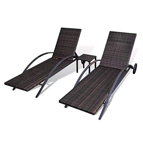 Conjunto de 2 Tumbonas de polirratán y mesita para jardín, 200 x 65 x 39 cm, con dos ruedas, respaldo ajustable, funda para cojín lavable, marrón. Vista sin cojines. Cikonielf