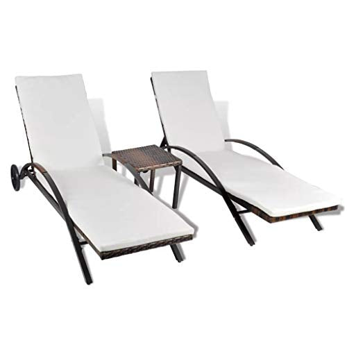 Conjunto de 2 Tumbonas de polirratán y mesita para jardín, 200 x 65 x 39 cm, con dos ruedas, respaldo ajustable, funda para cojín. Vista general. Cikonielf