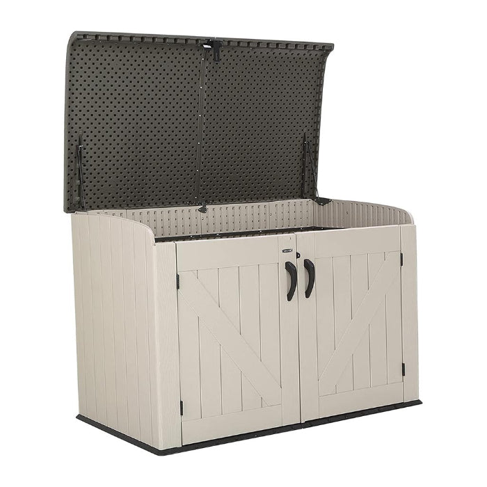 Arcón cobertizo para guardar bicicletas en el exterior ultrarresistente Lifetime 190 x 106 x 131 cm. Protección UV 100. Vista con tapa superior abierta. 60170 LIFETIME