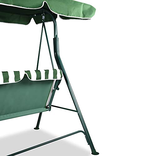 Columpio de Jardín tipo Balancín de Metal 3 Plazas con Cojín y Toldo Regulable  Verde y blanco. 170X110Xh152 cm. Vista trasera. Boudech