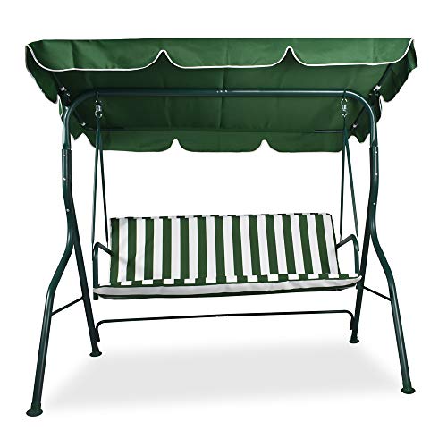 Columpio de Jardín tipo Balancín de Metal 3 Plazas con Cojín y Toldo Regulable  Verde y blanco. 170X110Xh152 cm. Vista frontal. Boudech