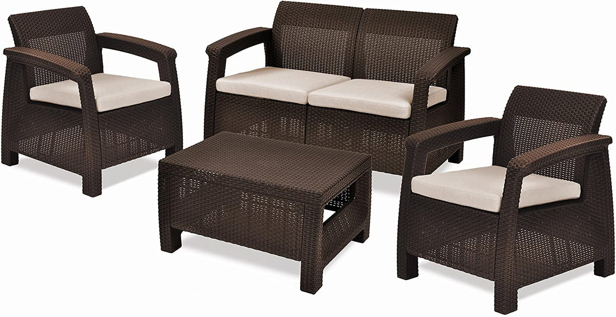 Conjunto de jardín de 4 plazas: 1 asiento doble y 2 sillones individuales con cojines y 1 mesa baja en ratán marrón. Vista conjunto marrón. Corfu. Keter