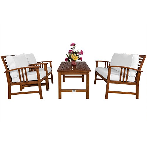 Conjunto de jardín Lounge Atlas de Madera de Acacia Set de 1 Mesa 2 Sillas y un Sillón 4 Personas. Vista de perfil. Deuba