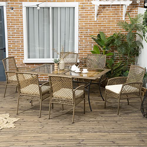 Bonito patio con el Conjunto de Muebles de Jardín de Ratán 7 Piezas de Comedor para Exterior con 6 Sillas + Cojines y Mesa de Vidrio Templado Marrón. Outsunny