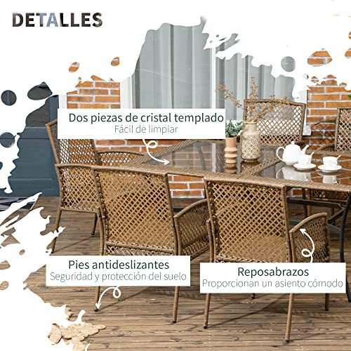 Detalles del Conjunto de Muebles de Jardín de Ratán 7 Piezas de Comedor para Exterior con 6 Sillas + Cojines y Mesa de Vidrio Templado Marrón. Outsunny