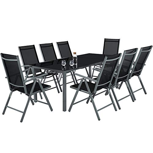 Conjunto Muebles Aluminio para Jardín 8 Silla Ajustable + 1 Mesa Cristal terraza Gris Oscuro. Vista de conjunto. | No. 402164). TecTake