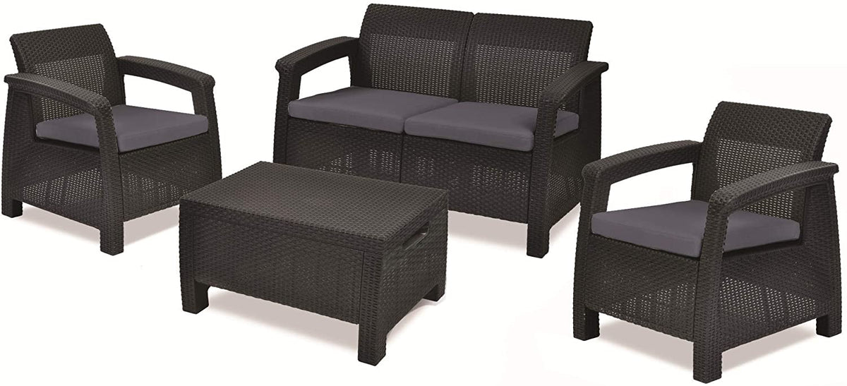 Conjunto de jardín de 4 plazas: 1 asiento doble y 2 sillones individuales con cojines y 1 mesa baja en ratán grafito Vista general. Corfu. Keter