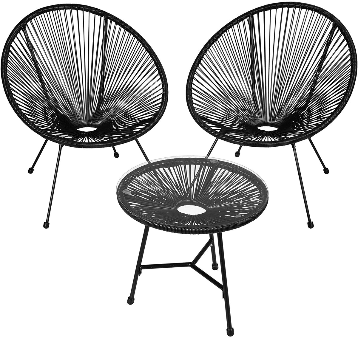 Vista general del conjunto en color negro del Set de 2 Sillas Redondas con Mesa, Acapulco, Estructura de Acero, Estilo Retro para Patio o Terraza - Disponible en Diversos Colores (Beige | No. 403310). 800730. TecTake