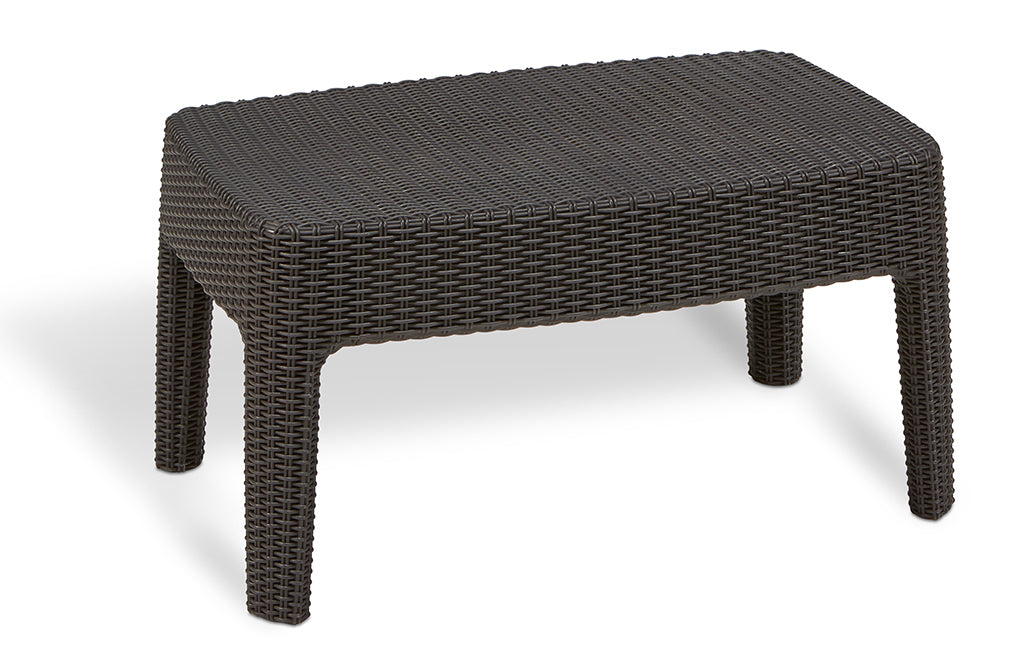 Vista de mesa de conjunto de muebles de terraza o balcón Tarifa con cojines incluidos, Color marrón. Detalle mesita. Balcony Keter
