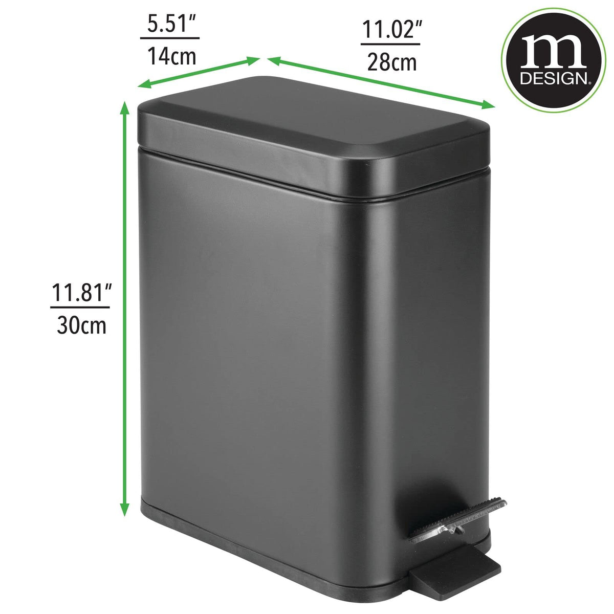 Medidas del Cubo papelera de basura negra para despacho, baño o cocina mDesign sobre fondo blanco 