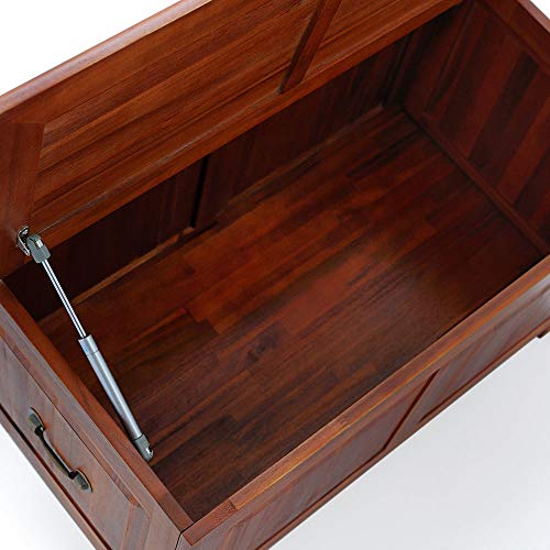 Baúl de interior de Madera de Acacia rústico con asa de Metal y apertura de pistón de Gas. Vista con tapa abierta. Deuba