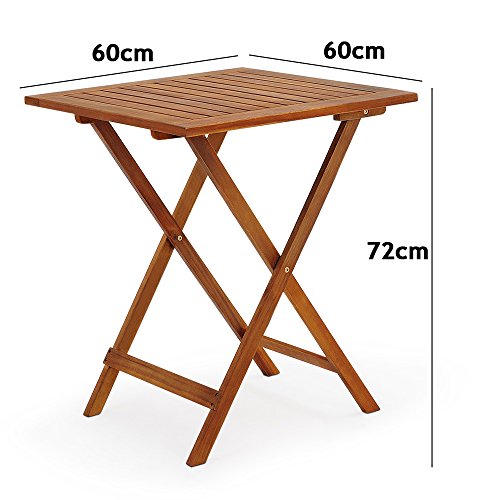 Conjunto de balcón Juego de 1 Mesa y 2 sillas Plegables de Madera de Acacia 60 x 60 cm terraza jardín. Medidas de mesa. Deuba