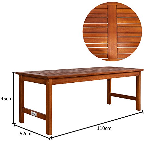 Conjunto de jardín Lounge Atlas de Madera de Acacia Set de 1 Mesa 2 Sillas y un Sillón 4 Personas. Medidas de mesa. y detalle de madera. Deuba