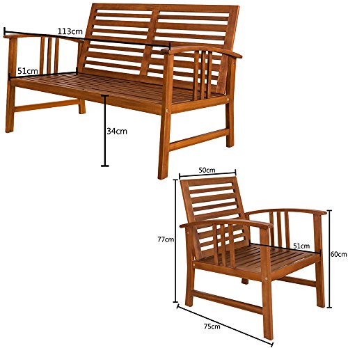 Conjunto de jardín Lounge Atlas de Madera de Acacia Set de 1 Mesa 2 Sillas y un Sillón 4 Personas. Medidas de sillon individual y doble. Deuba 