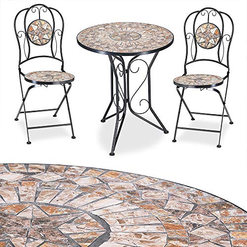 Conjunto de Mesa y 2 Sillas Plegables de metal y mosaico Color Arena Juego de Bistró de cerámica. Vista general y detalle de mesa. Deuba 