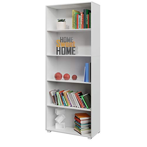 Estantería librería 'Vela' color Blanco de 5 estantes 190 cm para Oficina o Dormitorio. Casaria