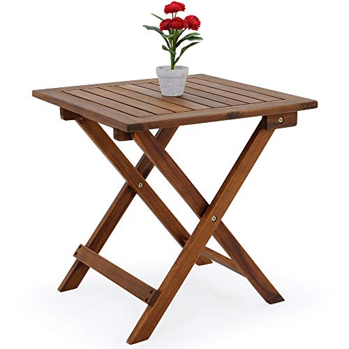 Vista con flores sobre la Mesa Auxiliar de jardín Madera de Acacia de café para Exterior Plegable 46x46 cm terraza Patio. Casaria