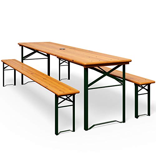 Mesa cervecera con Agujero para sombrilla y 2 Bancos. Set de 1 Mesa y 2 Bancos de Madera Pino Plegables  Eventos jardín. Casaria | maxjardin