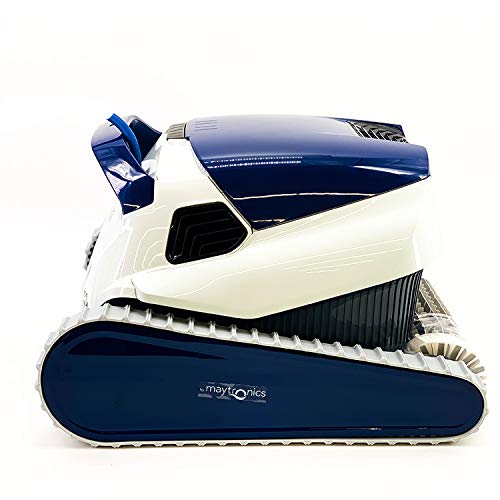 Vista de perfil del Robot automático limpiafondos Dolphin Maytronics BLUE Maxi 30 para piscinas, fondo y paredes. sistema de navegación preciso Clever clean.