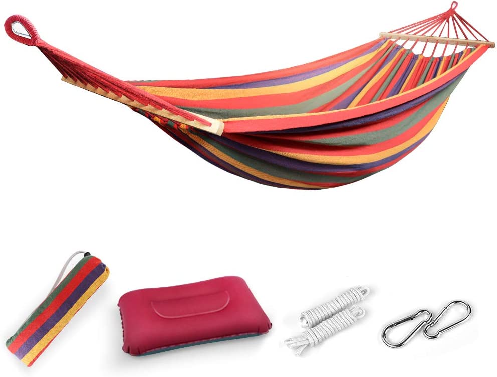 Hamaca Colgante de Tela con 60cm Travesaños de Madera, 220x150cm Hamacas Grande con Almohada Inflable para Jardín Acampada Exterior, 300kg Carga, Rayas. EASY EAGLE
