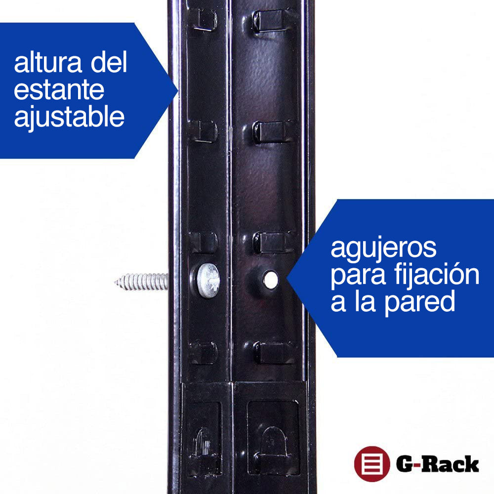 Altura ajustable de los estantes y agujeros de fijación a la pared de Estanterías para garage o sótano de Acero Inoxidable con Recubrimiento de Polvo Negro, con 5 años de garantía G-Rack