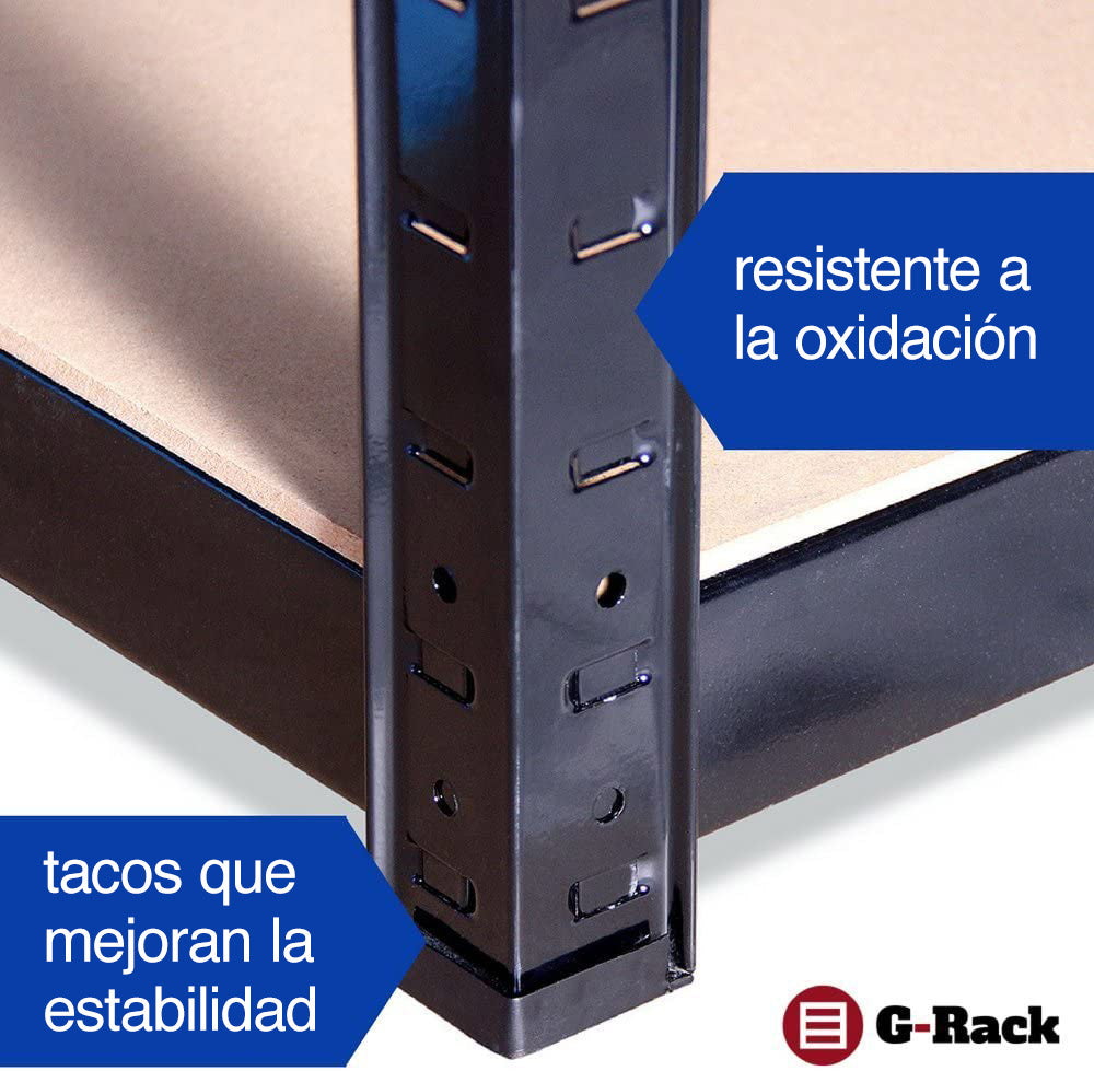 Detalle de Tacos de goma que mejoran la estabilidad y resistente a la oxidación. Estanterías para garage o sótano de Acero Inoxidable con Recubrimiento de Polvo Negro, con 5 años de garantía G-Rack