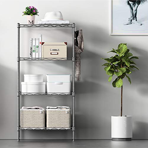 Ideal para uso en salón de Estantería Metálica para Almacenar y Organizar, Cromada 4 Baldas con Alturas Ajustables y 4 Ganchos Laterales 45 x 30 x 90 cm. Vooneen