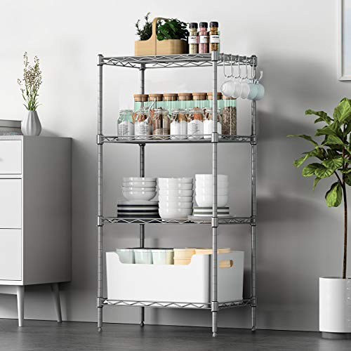 Úsalo en la salita de tu hogar. Estantería Metálica para Almacenar y Organizar, Cromada 4 Baldas con Alturas Ajustables y 4 Ganchos Laterales 45 x 30 x 90 cm. Vooneen