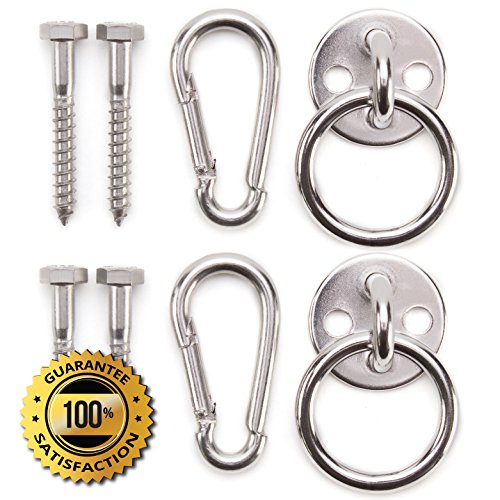 100% garantía de satisfacción de los Ganchos para Hamacas Premium de Amerigo – El Mejor Kit para relajarte en tu hogar – Resistentes – Arandelas redondas, Mosquetones y Tornillos hechos en acero inoxidable
