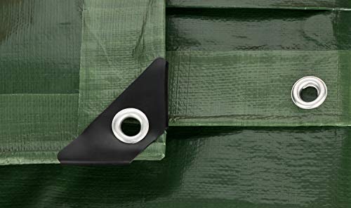 Detalle de ojales y costuras de la Lona de protección Premium verde  3 m x 4 m 200 g/m2 | Funda protectora | Lona impermeable. GardenMate