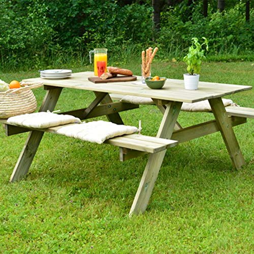Al aire libre a punto de merendar en la Mesa con bancos corridos de Madera Tratada certificada FSC para 6-8 Personas, 165 x 154 x 75 cm 20/25 mm, Essential. KSU12894. GARDIUN