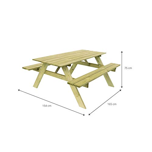 Medidas de la Mesa con bancos corridos de Madera Tratada certificada FSC para 6-8 Personas, 165 x 154 x 75 cm 20/25 mm, Essential. KSU12894. GARDIUN